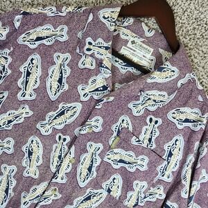 Columbia All Over Fish Print Button Up Loop Collar Shirt Mens Large Short Sleeve